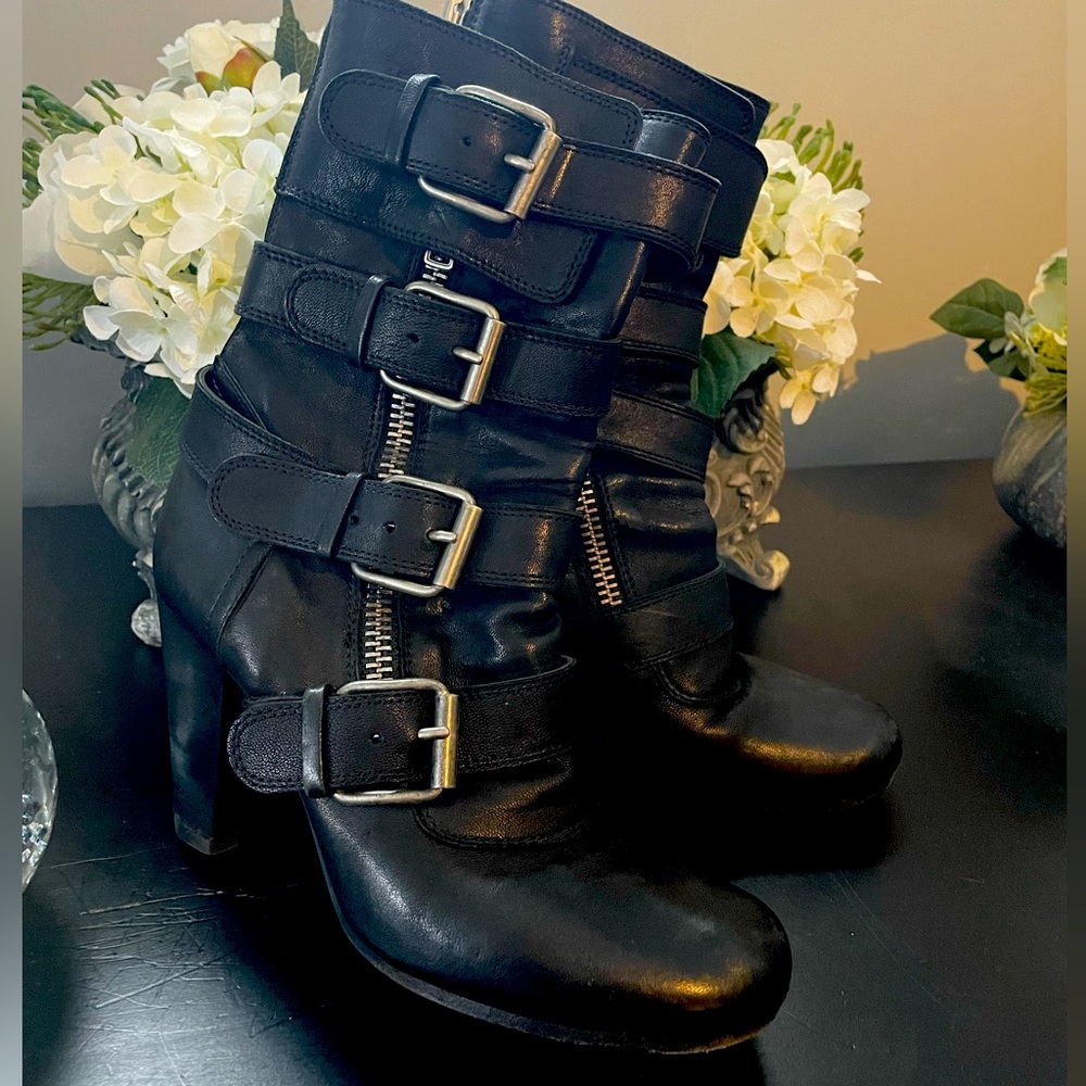 Chloe black leather multi-buckle biker/military boots